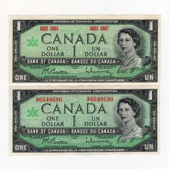2x 1967 Bank of Canada One 1 Dollar Centennial Bank Note Bills - Picture 1 of 2